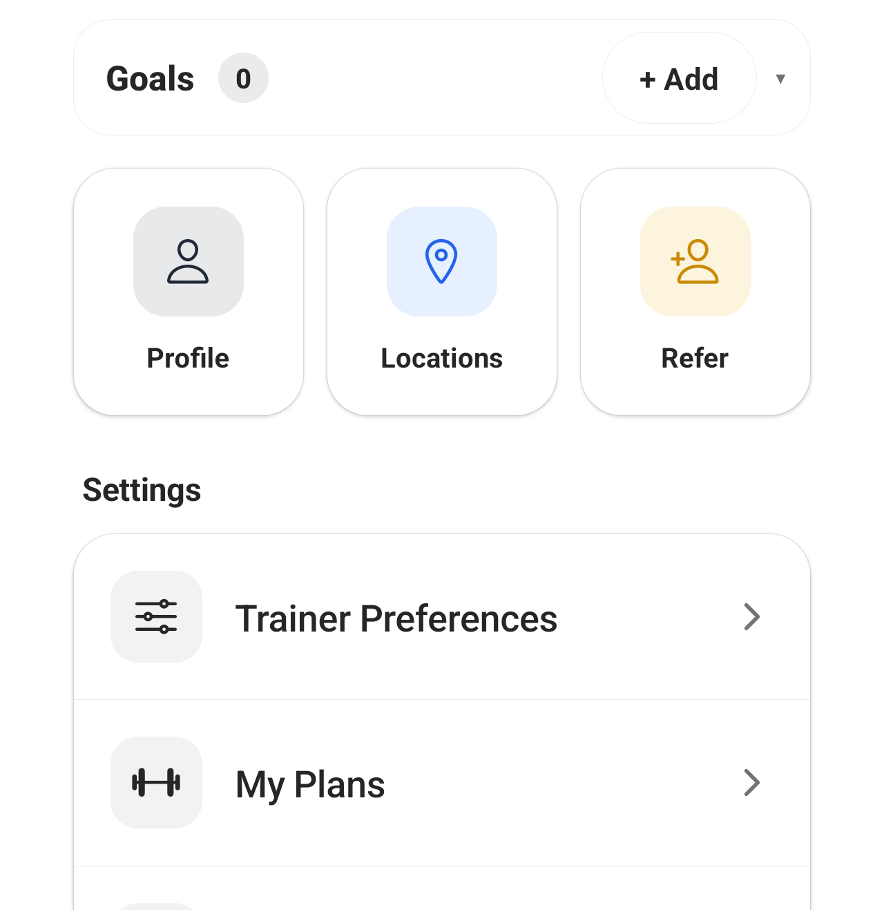 Group Fit App profile section showing Refer menu icon