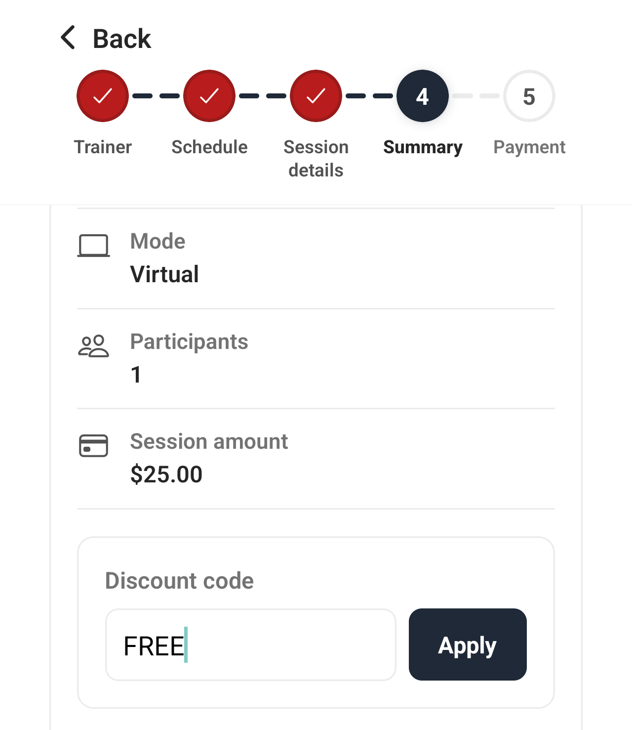 Group Fit Checkout page showing Discount code input field with FREE entered