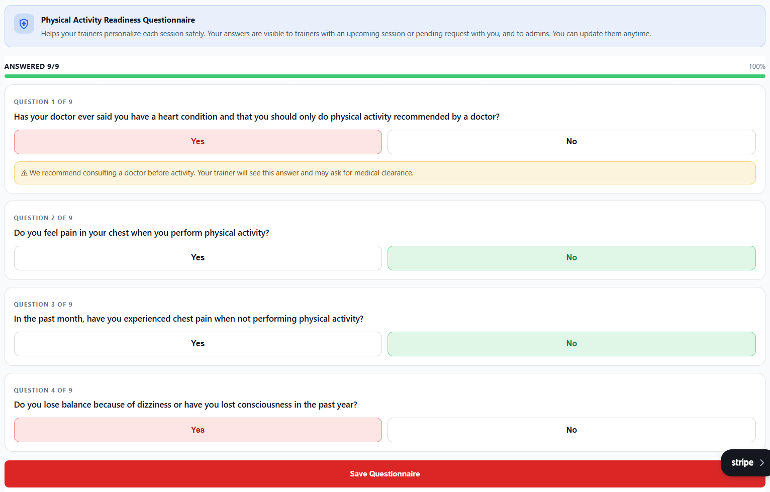PAR-Q health profile