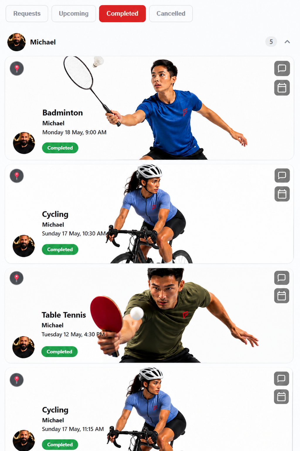 Session history with rich activity cards