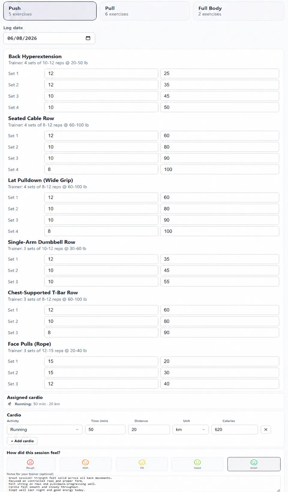 Log your workout, set by set