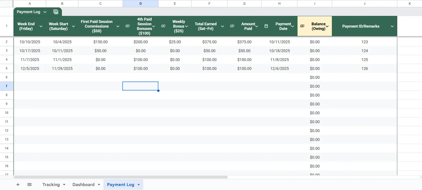 Payment Log spreadsheet example