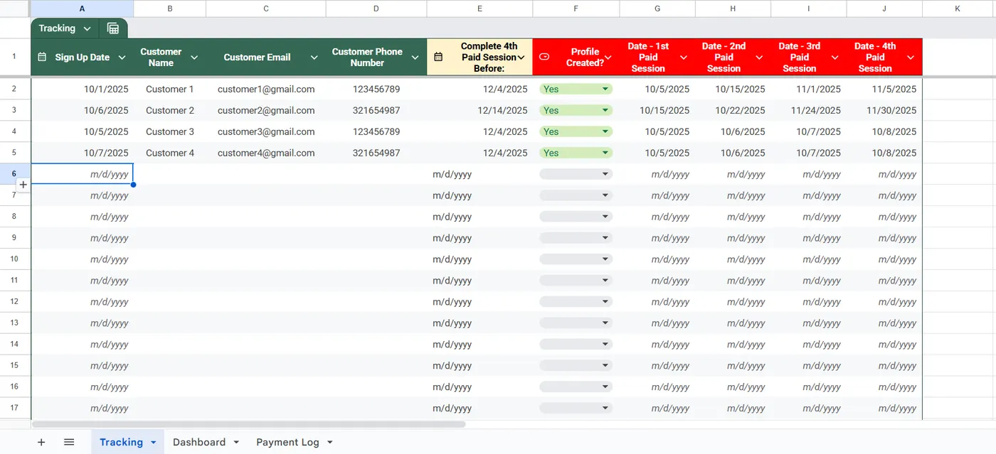 Tracking spreadsheet example