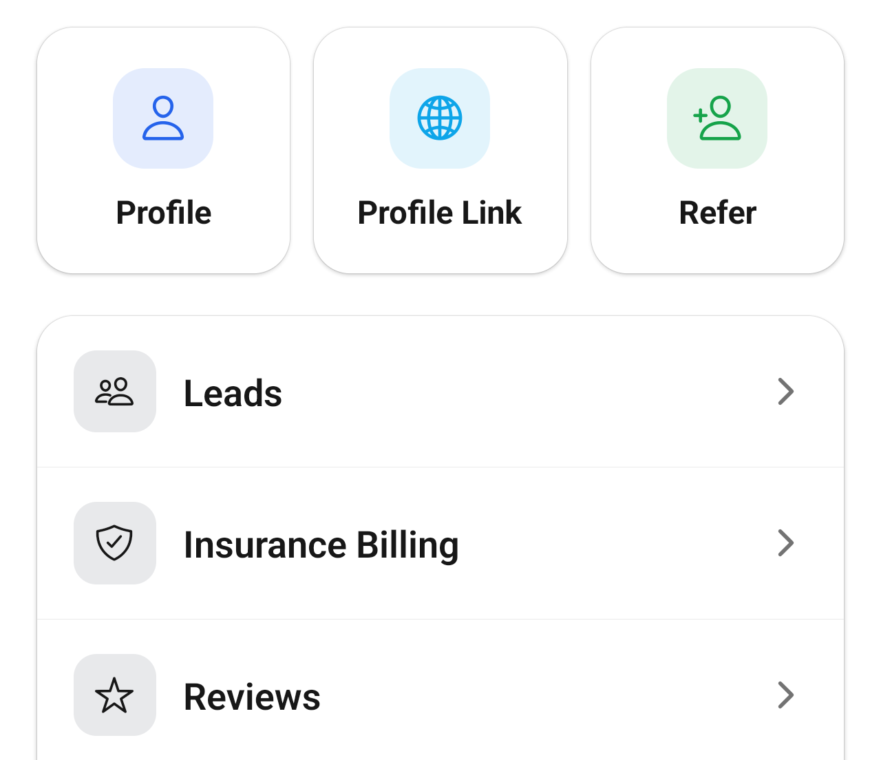 Group Fit Trainer profile section showing Profile, Profile Link, and Refer menu buttons