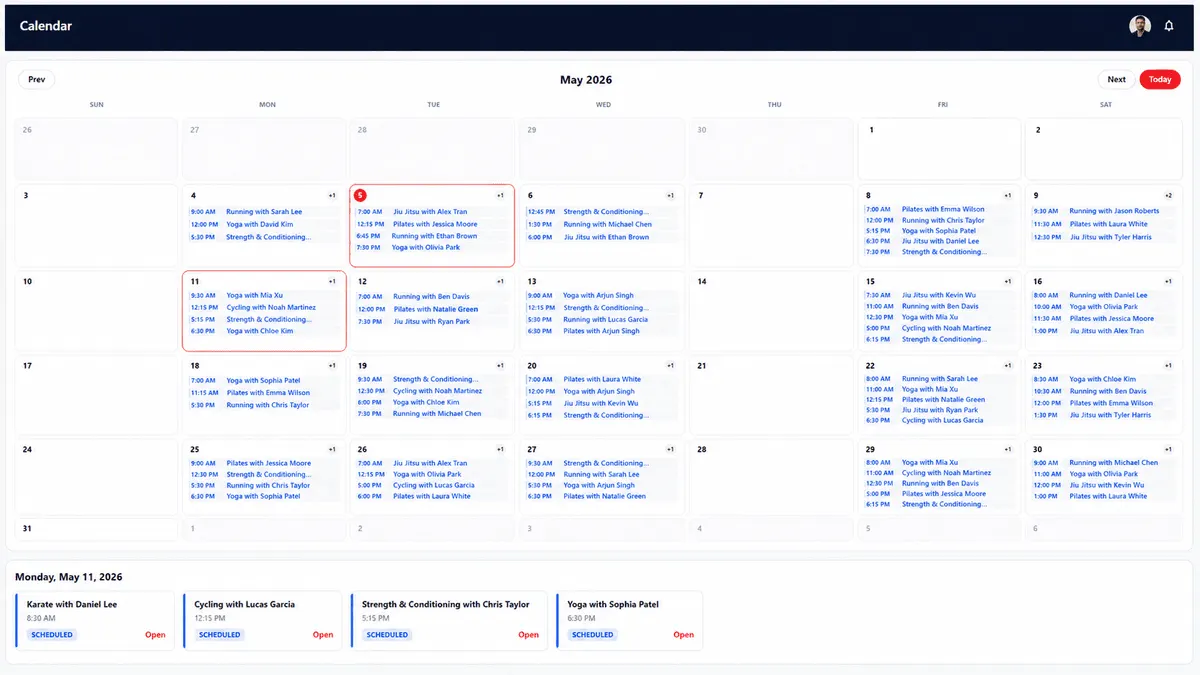 Trainer's full month calendar view