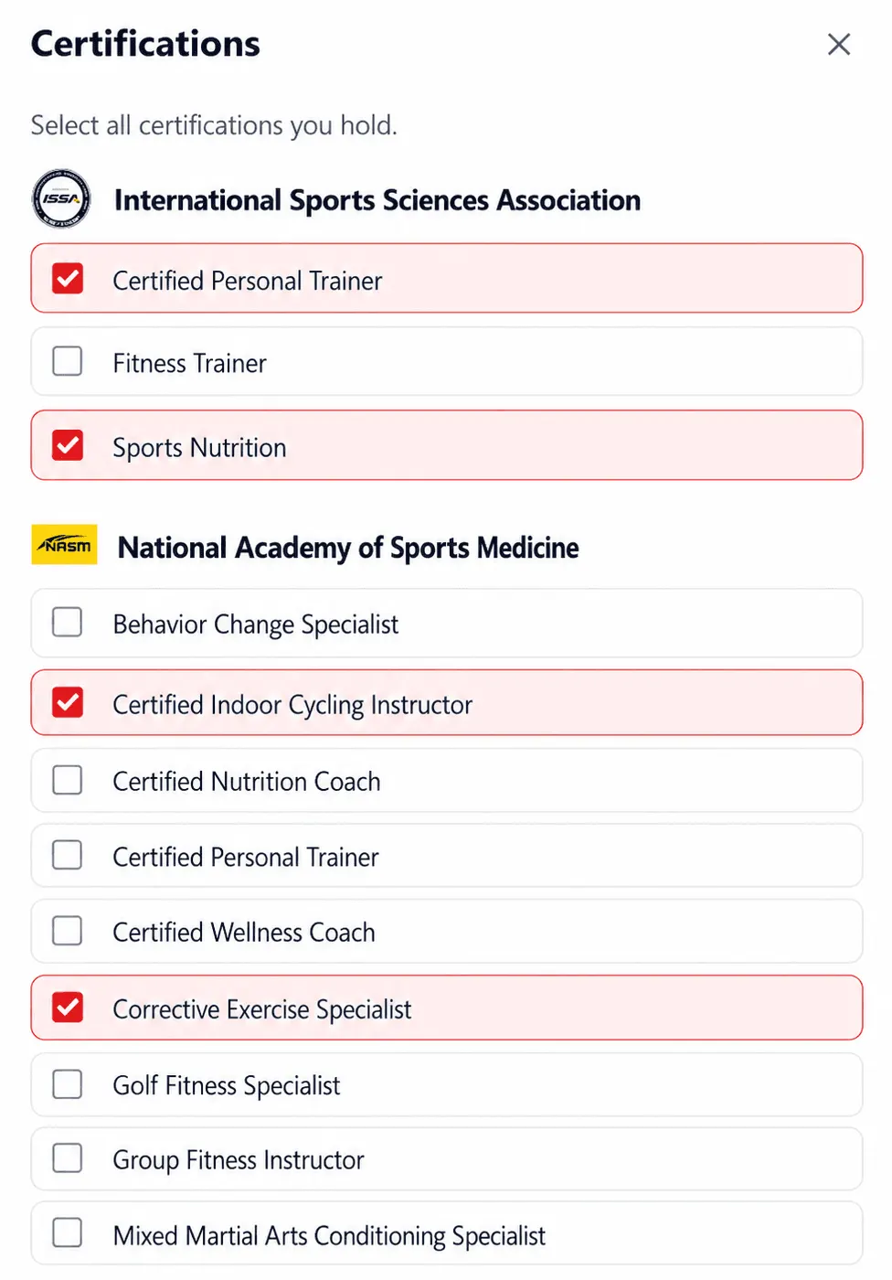 Certifications selection