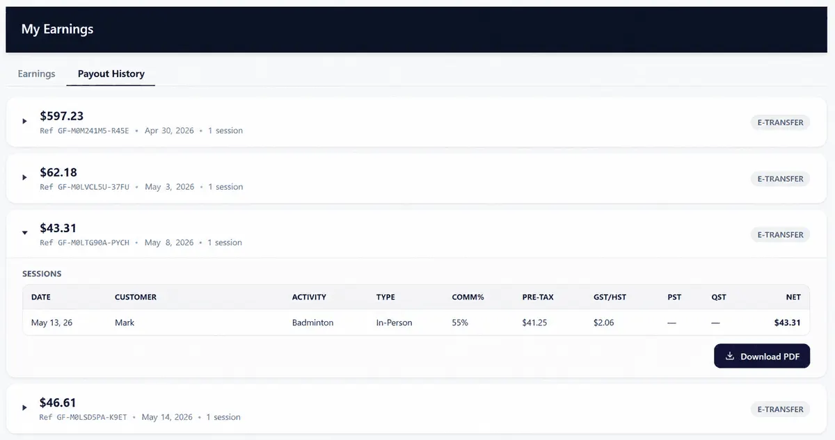 Payout history with line items