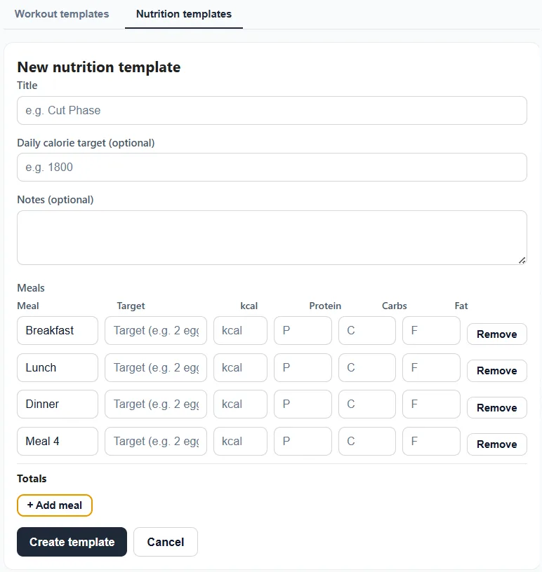 Build a nutrition template