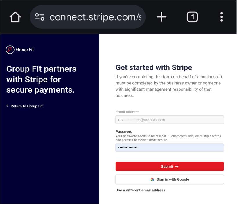 Stripe login creation screen