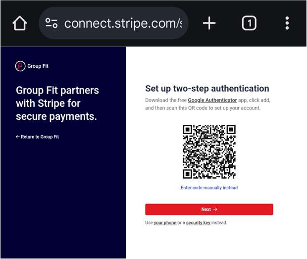 Stripe two-step authentication setup