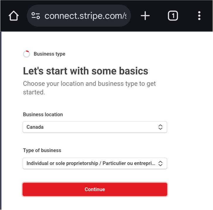 Stripe business type selection