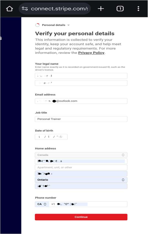 Stripe personal details form