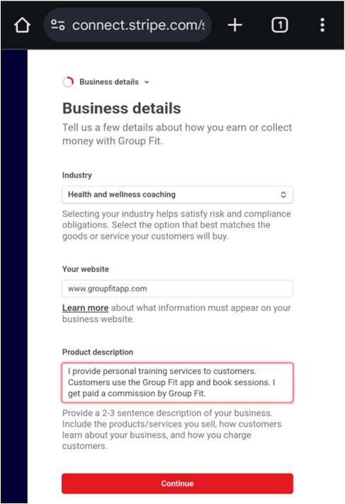 Stripe business details form