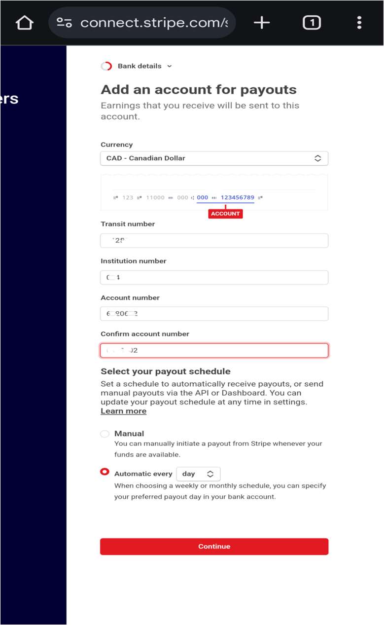 Stripe bank account and payout schedule