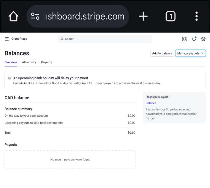 Stripe balances dashboard