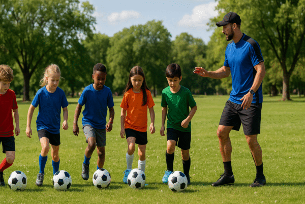 Children playing soccer outdoors with a certified Group Fit coach
